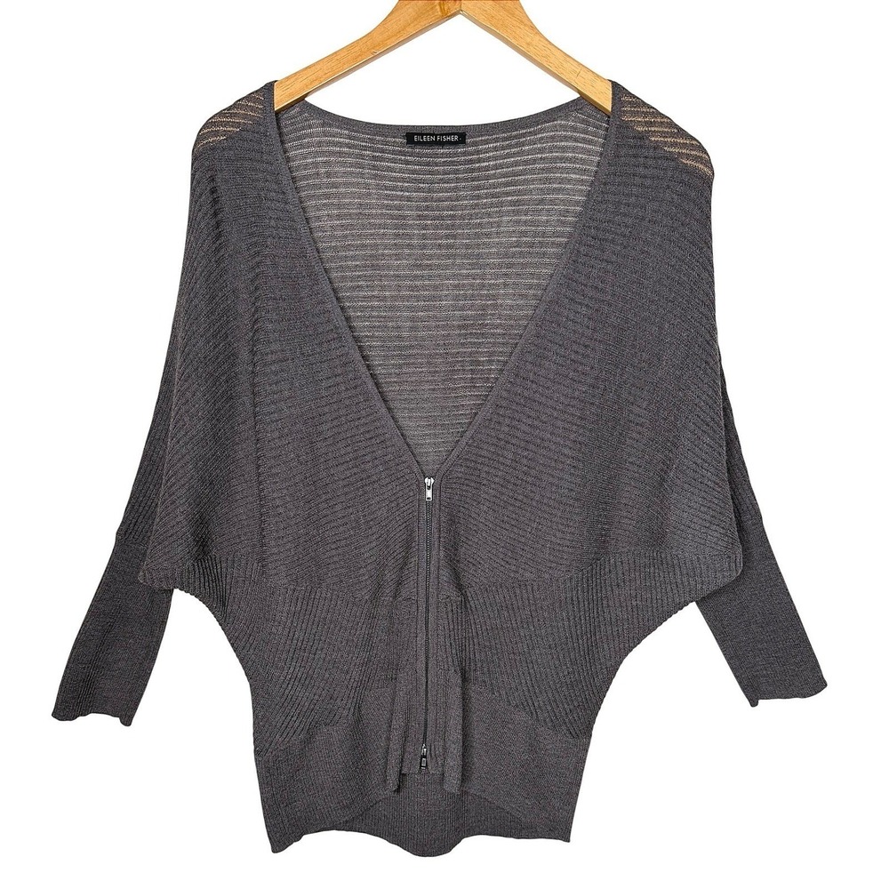 Eileen Fisher Cardigan L 100% Wool Full Zip Gray Ribbed Dolman Knit Sweater